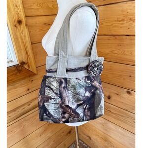 Vintage Linen Realtree Camo Tote Bag Reworked Upcycled Handbag Large Brown Green